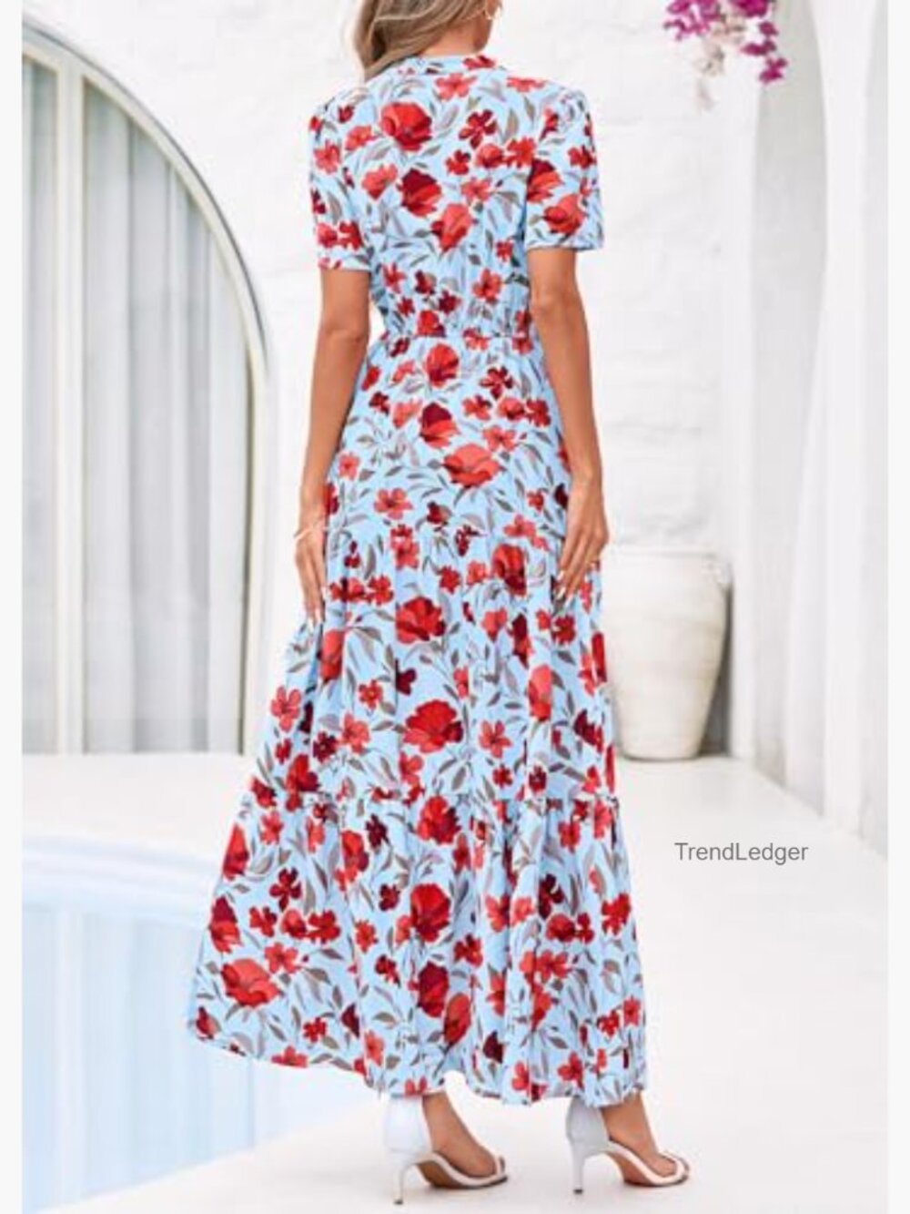 Floral Maxi Dress V Neck Short Sleeve A Line Flowy Boho Long Dress with Pockets - Picture 3 of 7